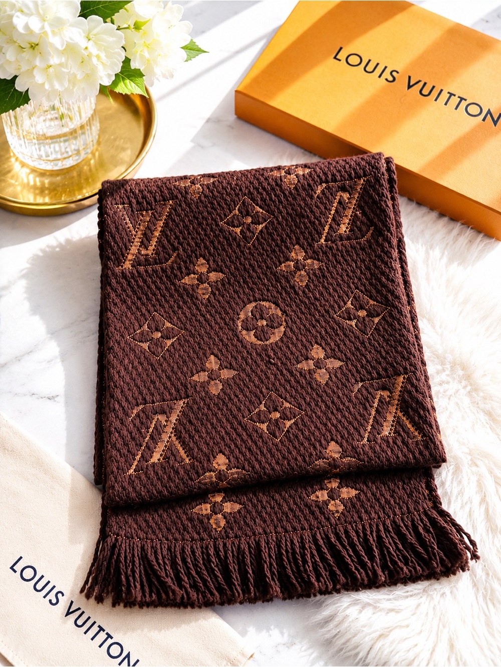 Louis Vuitton Brown Monogram Logomania Fringe Scarf Wool Silk Blend